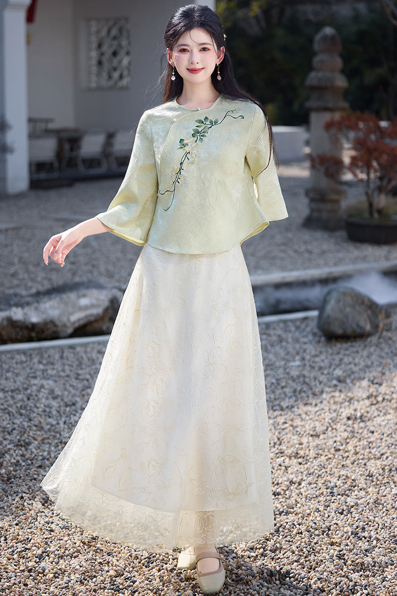Lookbook Series Plus Size Printing Hanfu 8008+8009 Green Beige