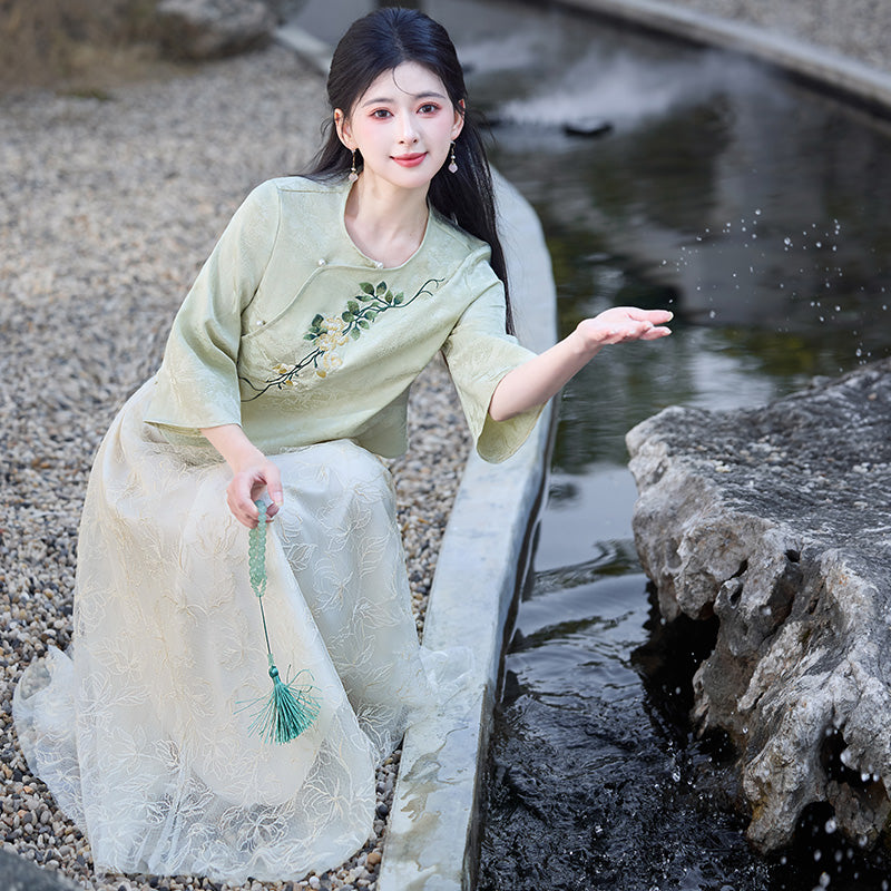 Lookbook Series Plus Size Printing Hanfu 8008+8009 Green Beige