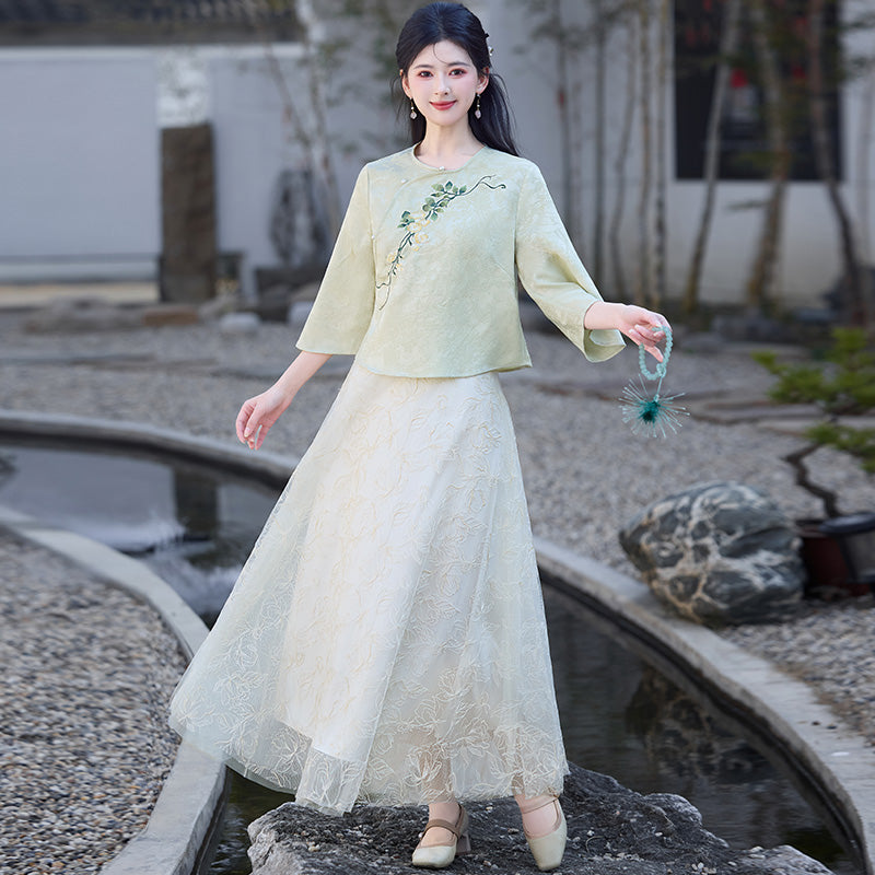 Lookbook Series Plus Size Printing Hanfu 8008+8009 Green Beige