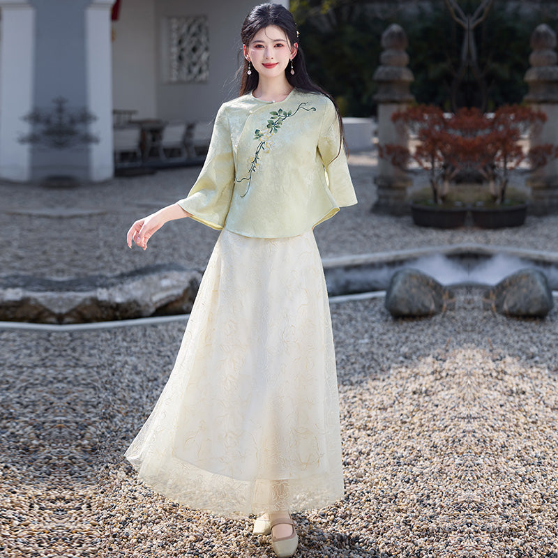 Lookbook Series Plus Size Printing Hanfu 8008+8009 Green Beige