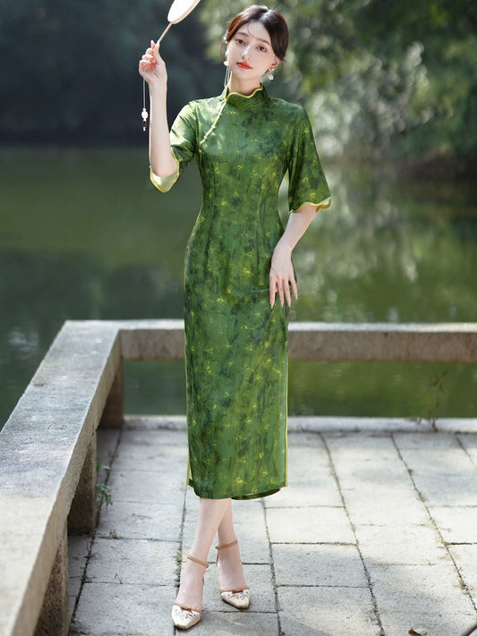 Long Green Hanfu Qipao Cheongsam Dress Skirt, gifts for women 2024