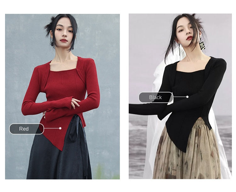 新しい中国スタイル |スーツ女性の早春セーターフェイクツーピースニットブラック & レッドトップ