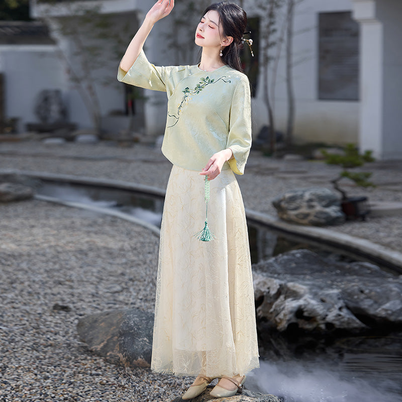 Lookbook Series Plus Size Printing Hanfu 8008+8009 Green Beige