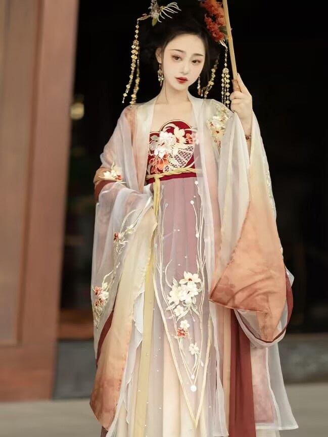 伝統の優雅さ:唐時代にインスピレーションを得た漢服、刺繍入りのHeziスカートとワイドスリーブの女性用