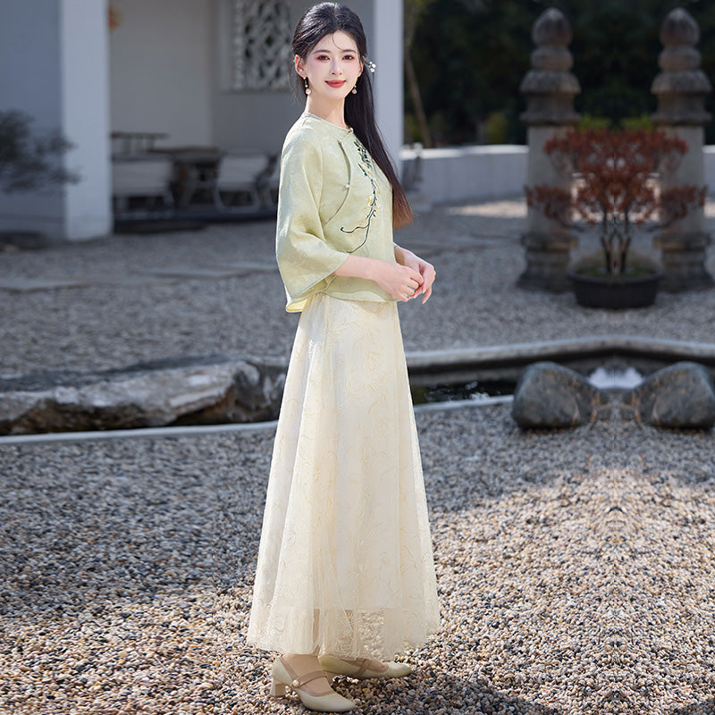 Lookbook Series Plus Size Printing Hanfu 8008+8009 Green Beige