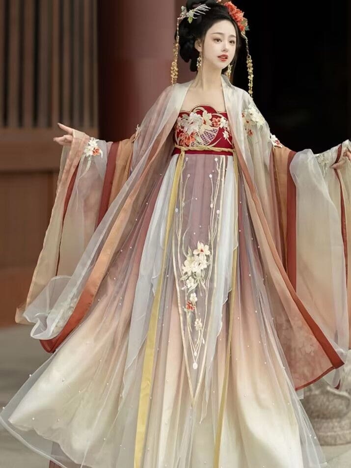 伝統の優雅さ:唐時代にインスピレーションを得た漢服、刺繍入りのHeziスカートとワイドスリーブの女性用