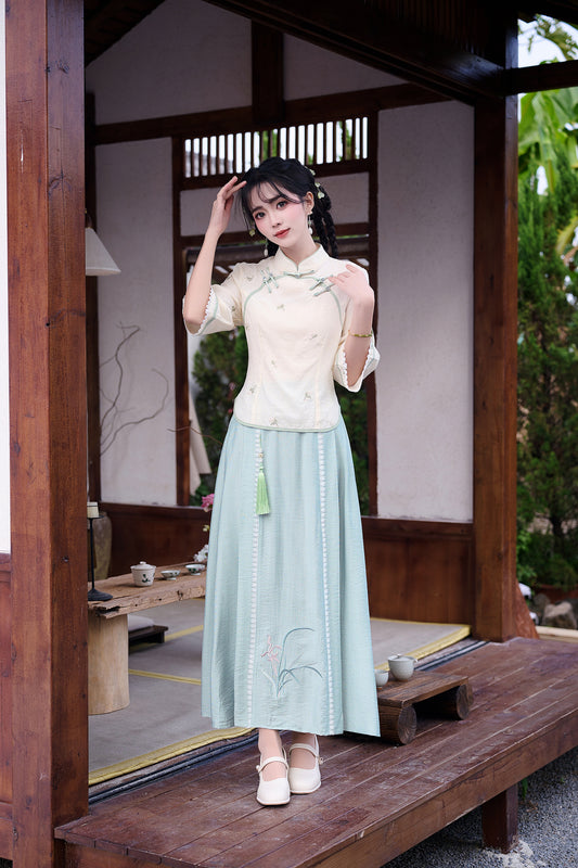 Lookbook Series Plus Size Printing Hanfu 2586+2587 Beige Blue