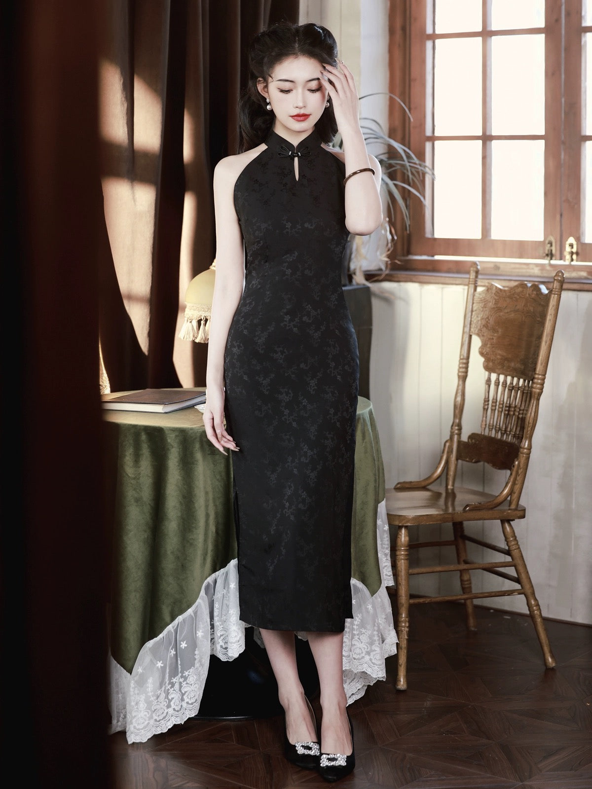 Black Sleeveless Hanfu Qipao Cheongsam Dress Skirt, gifts for