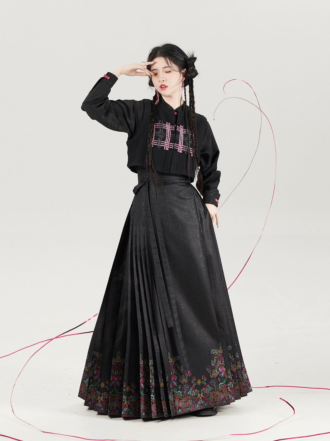 ネオン織り部門オリジナル明朝韓服スタンドカラー上杉ベスト新中国風の国民風ハーフレングススカート馬の顔スカート女性