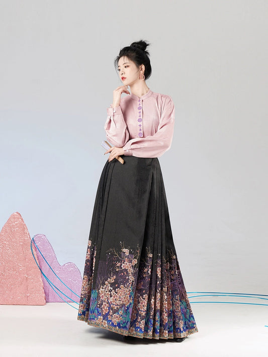時代を超越したエレガンス: 2024 年新作オリジナル明代漢服セット、ピンクのスタンドカラートップ付き