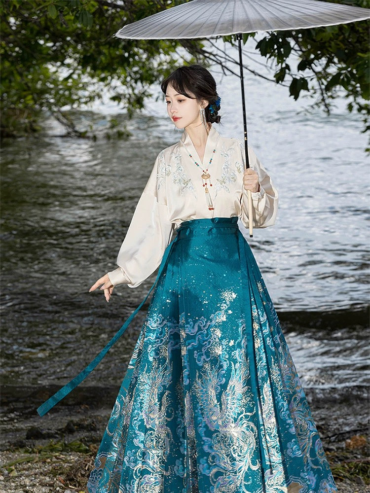 Elegant Spring and Autumn Ensemble: Original Hanfu Set with Golden Horse-Face Skirt and Flying Sleeves