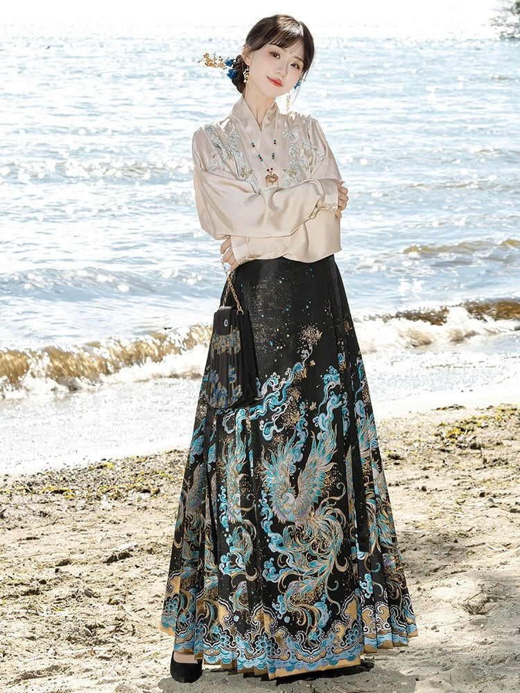 Elegant Spring and Autumn Ensemble: Original Hanfu Set with Golden Horse-Face Skirt and Flying Sleeves