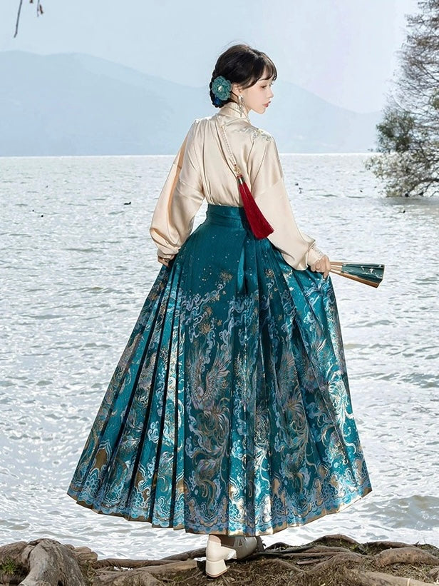 Elegant Spring and Autumn Ensemble: Original Hanfu Set with Golden Horse-Face Skirt and Flying Sleeves