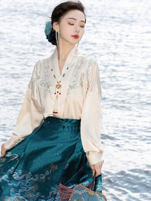 Elegant Spring and Autumn Ensemble: Original Hanfu Set with Golden Horse-Face Skirt and Flying Sleeves