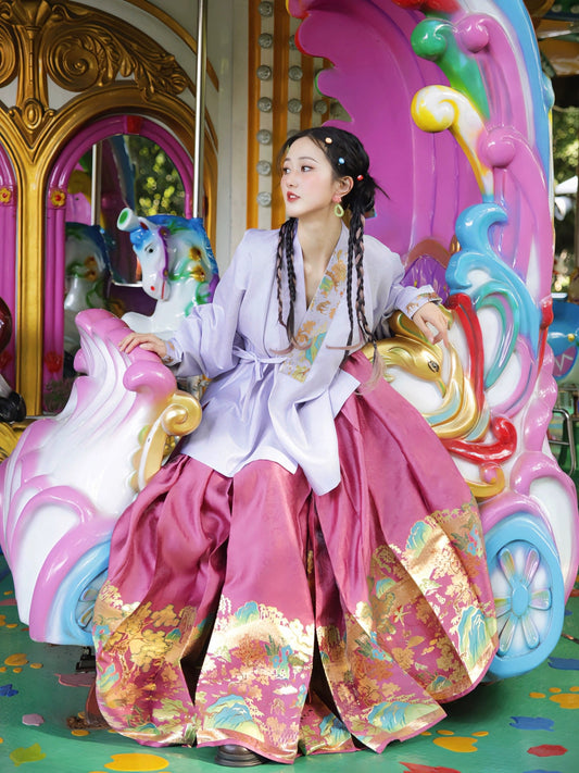 オリジナル漢服: 明朝風花柄刺繍クロスカラー馬顔スカートセット秋冬用