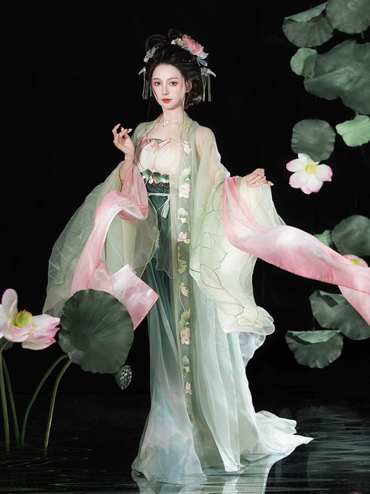 優美なロータス漢服アンサンブル: 2024 年春夏の刺繍入りヘジ スカート、ワイド スリーブ シャツ、エプロン、ショール