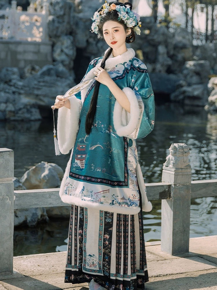 清朝の女性の冬用漢服:クロスカラーのアンティークな服装のヴィンテージスタイルの刺繍馬の顔のスカート