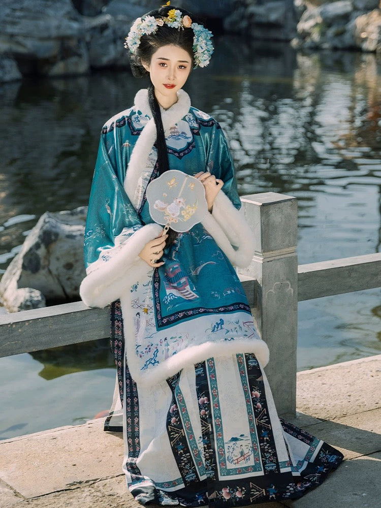 清朝の女性の冬用漢服:クロスカラーのアンティークな服装のヴィンテージスタイルの刺繍馬の顔のスカート