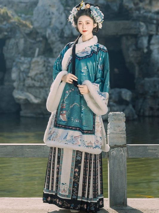 清朝の女性の冬用漢服:クロスカラーのアンティークな服装のヴィンテージスタイルの刺繍馬の顔のスカート
