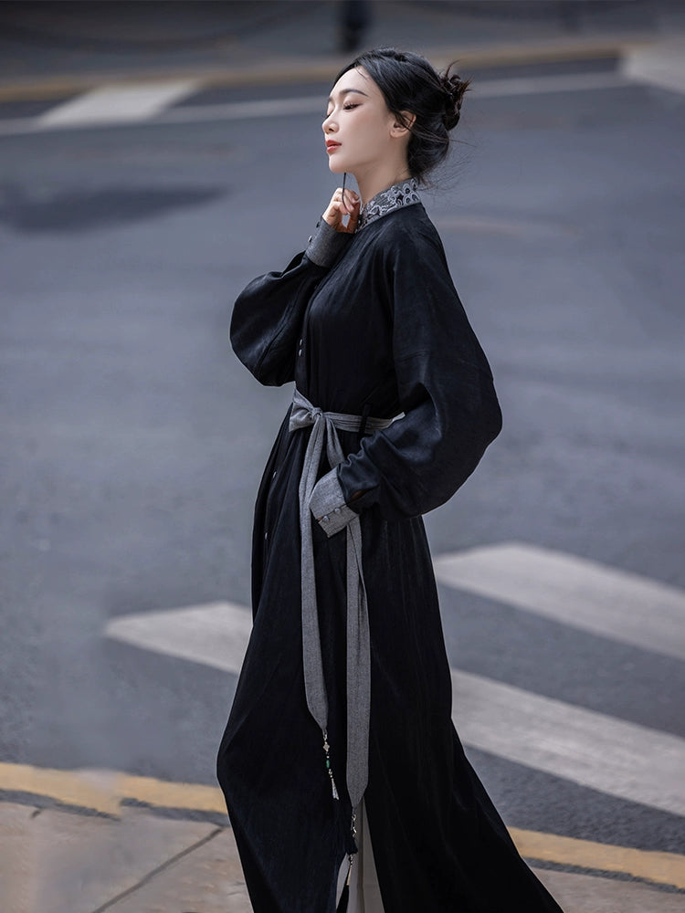 オリジナルの洗練された漢服アンサンブル:春夏のシックな毎日のためのマンダリンカラーのロングシャツドレス