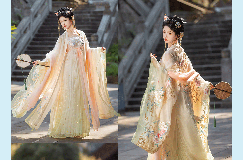 精巧な手作りの漢服: 唐時代風のグラデーション刺繍と流れるような袖