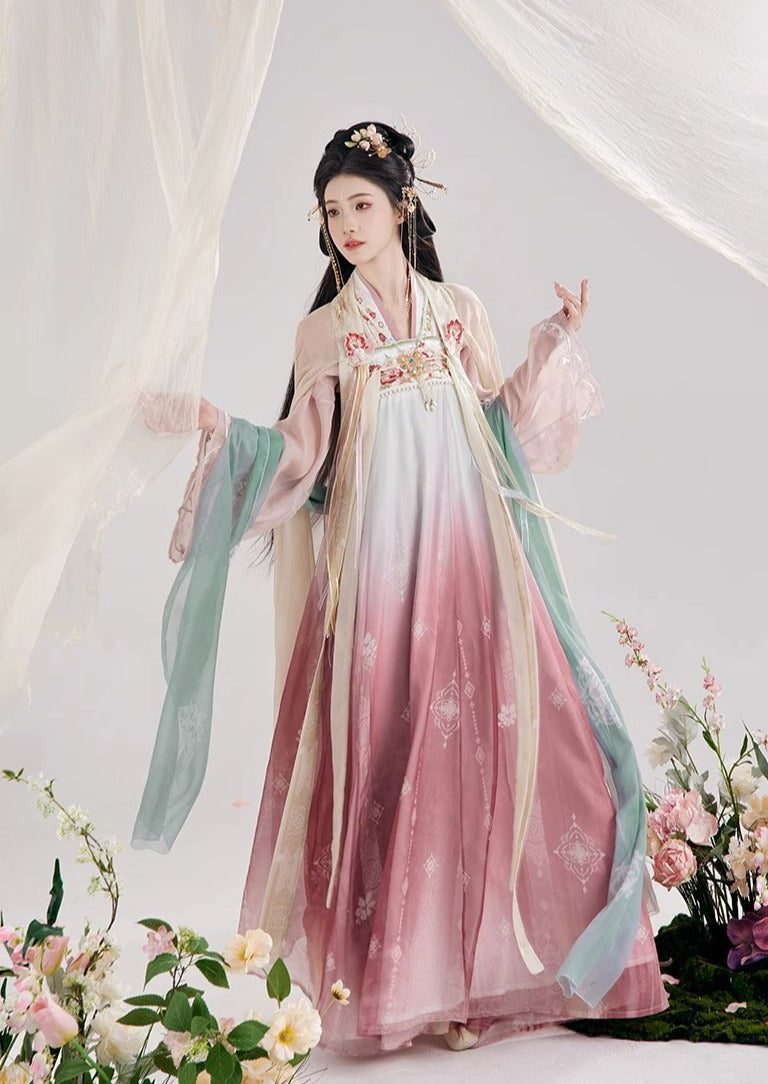 オリジナル漢服 4 点: 刺繍 Qixiong シャーリング スカート アンサンブル、マント付き、春と夏に向けて漢の要素を活性化します。