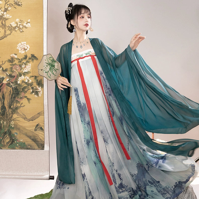 Tang Dynasty Original Hanfu women Green long sleeve shirt and chest skirt