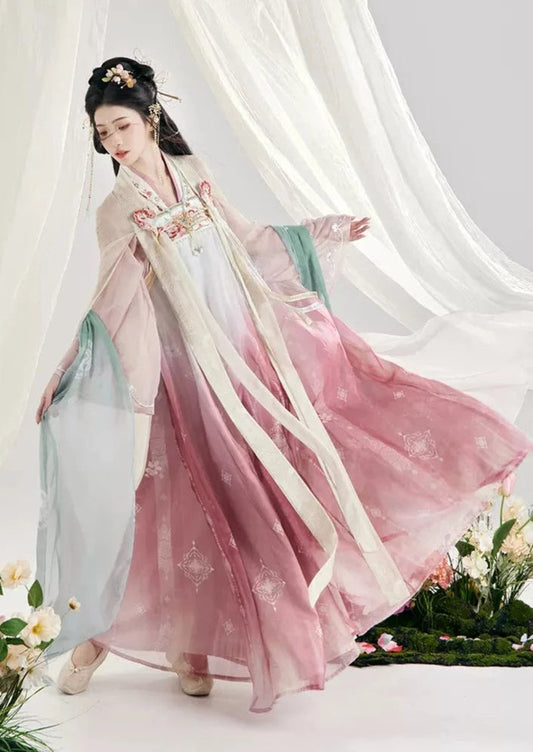 オリジナル漢服 4 点: 刺繍 Qixiong シャーリング スカート アンサンブル、マント付き、春と夏に向けて漢の要素を活性化します。