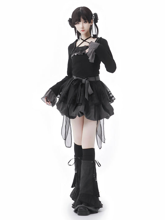 New Chinese Style Mix Slim Skirt Black Salt Suit