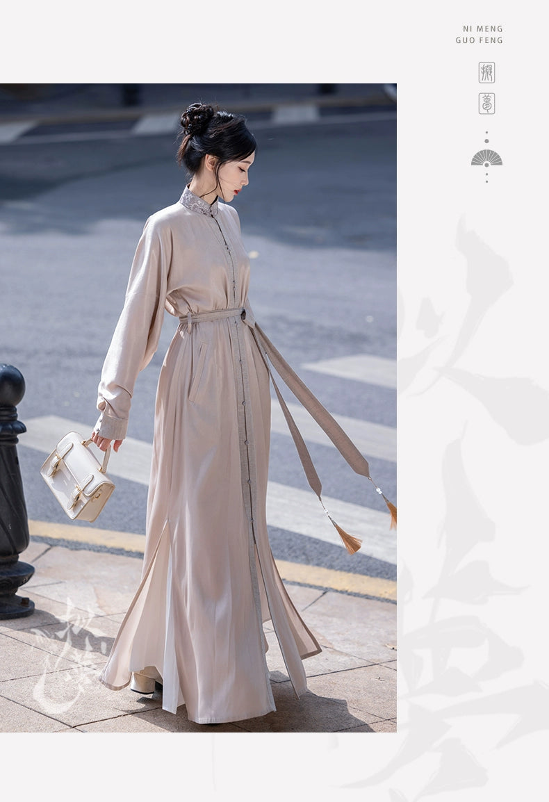オリジナルの洗練された漢服アンサンブル:春夏のシックな毎日のためのマンダリンカラーのロングシャツドレス