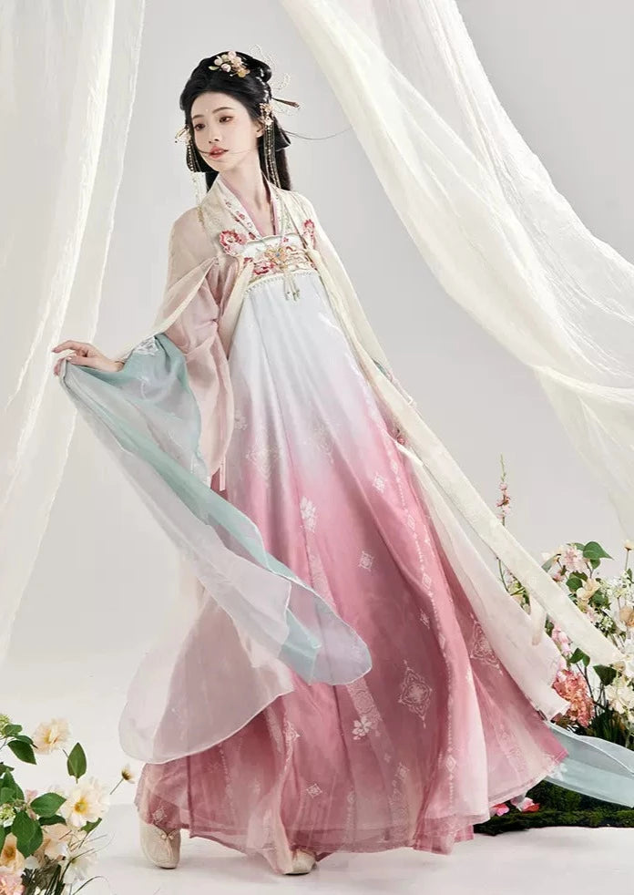 オリジナル漢服 4 点: 刺繍 Qixiong シャーリング スカート アンサンブル、マント付き、春と夏に向けて漢の要素を活性化します。