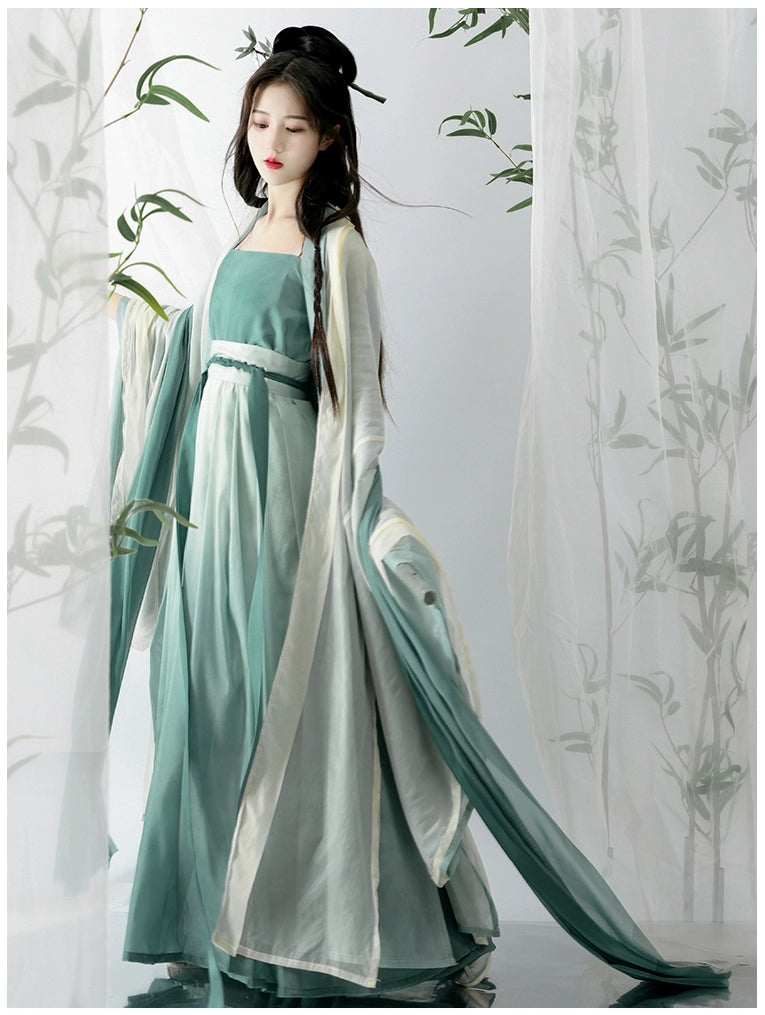オリジナルの漢服女性用アンサンブル: 宋の時代をイメージした長袖チュニック、プリーツ スカートとサスペンダー付きで、夏の日常を優雅に演出します。