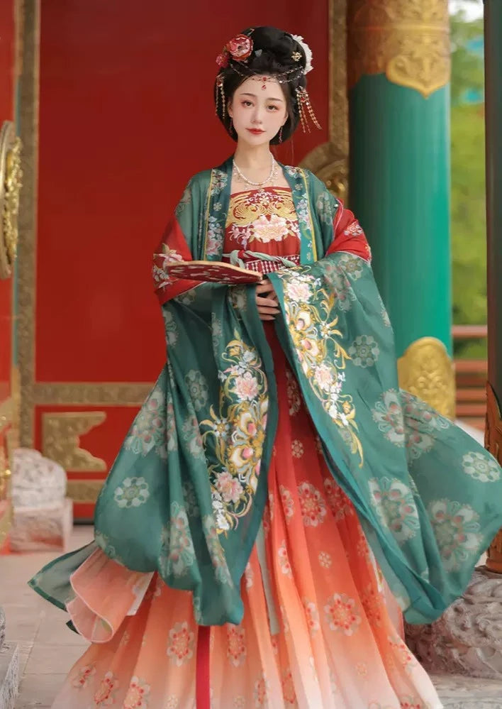 唐時代にインスピレーションを得た漢服3点セット:女性用復元漢服、屈雄と和子スカート付き - 絶妙な刺繍、特大袖、新発売