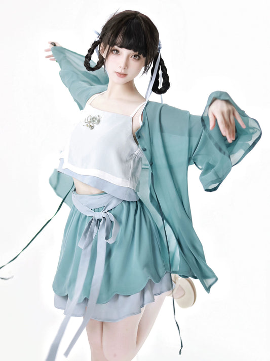 New Chinese Style Mix Slim Skirt Drunken Flowers Suit