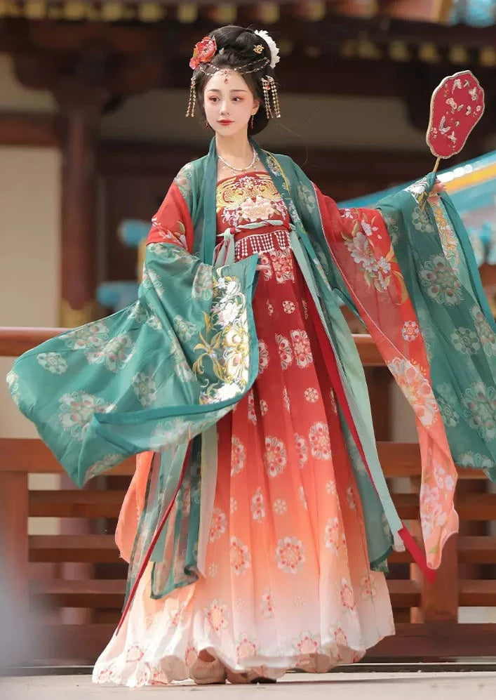 唐時代にインスピレーションを得た漢服3点セット:女性用復元漢服、屈雄と和子スカート付き - 絶妙な刺繍、特大袖、新発売