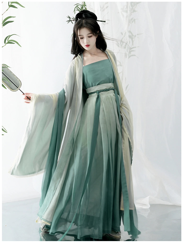 オリジナルの漢服女性用アンサンブル: 宋の時代をイメージした長袖チュニック、プリーツ スカートとサスペンダー付きで、夏の日常を優雅に演出します。