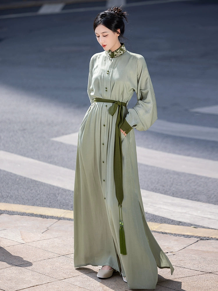 オリジナルの洗練された漢服アンサンブル:春夏のシックな毎日のためのマンダリンカラーのロングシャツドレス