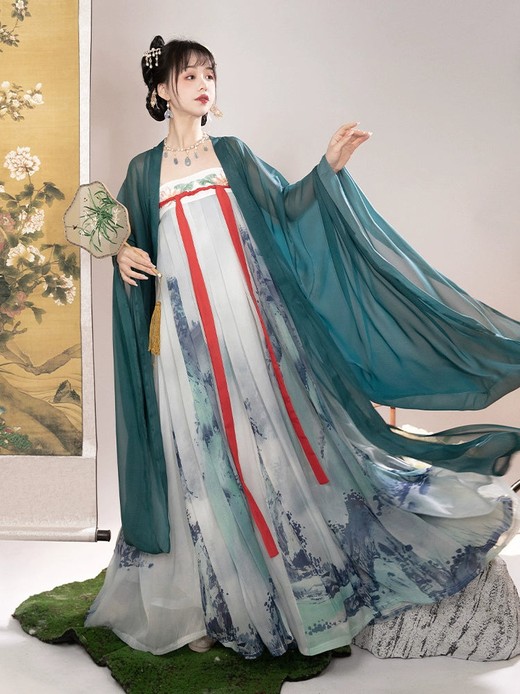 Tang Dynasty Original Hanfu women Green long sleeve shirt and chest skirt