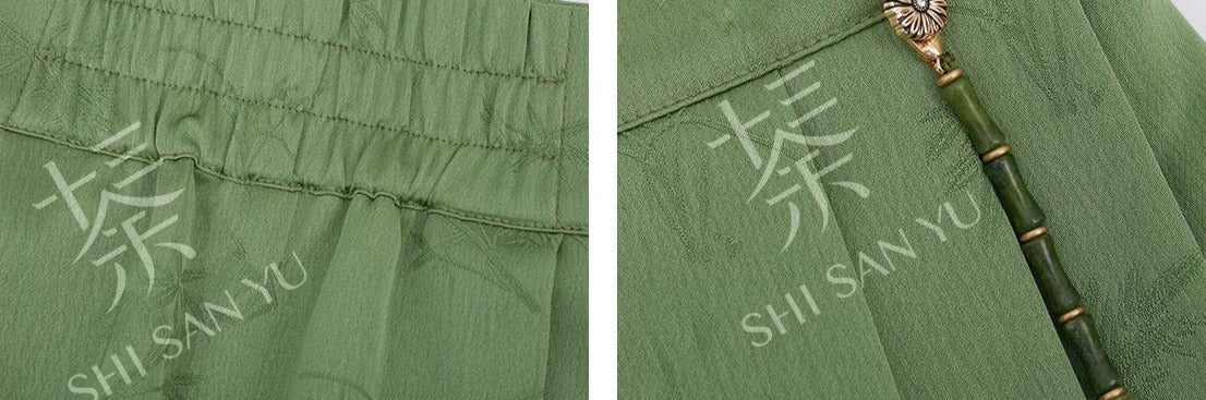 エレガントでモダンな中国の漢服4点セット:刺繍模様のグリーンのベストと短い馬の顔のスカート - 春の普段着に最適