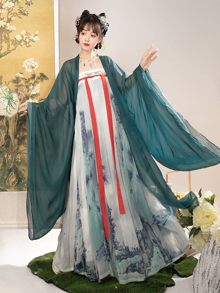 Tang Dynasty Original Hanfu women Green long sleeve shirt and chest skirt