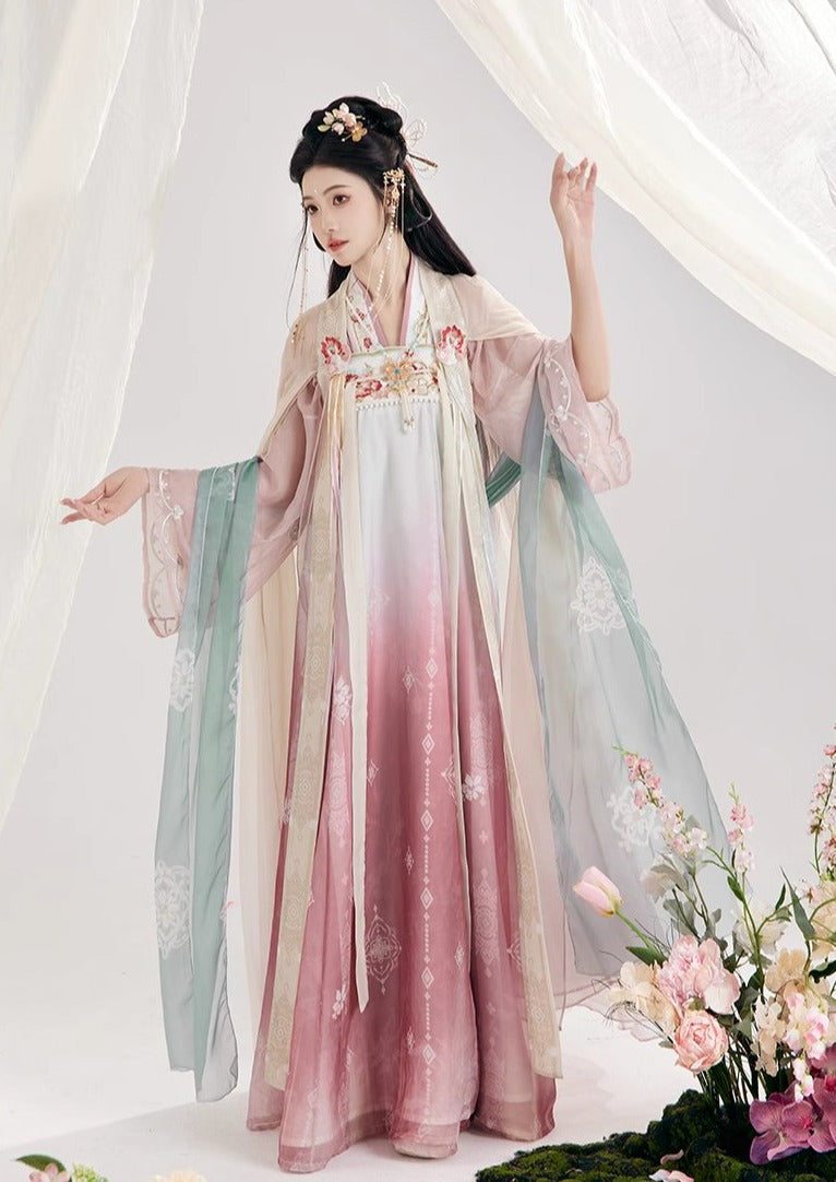 オリジナル漢服 4 点: 刺繍 Qixiong シャーリング スカート アンサンブル、マント付き、春と夏に向けて漢の要素を活性化します。
