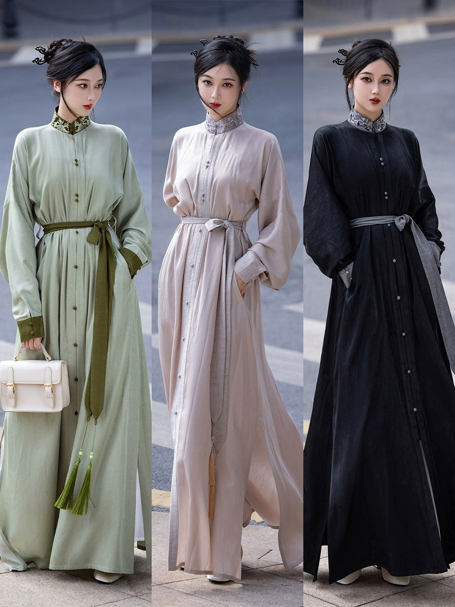 オリジナルの洗練された漢服アンサンブル:春夏のシックな毎日のためのマンダリンカラーのロングシャツドレス