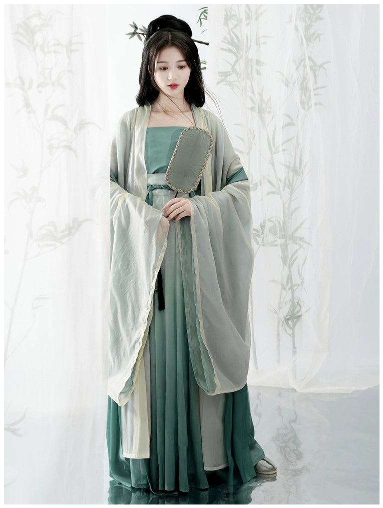 オリジナルの漢服女性用アンサンブル: 宋の時代をイメージした長袖チュニック、プリーツ スカートとサスペンダー付きで、夏の日常を優雅に演出します。