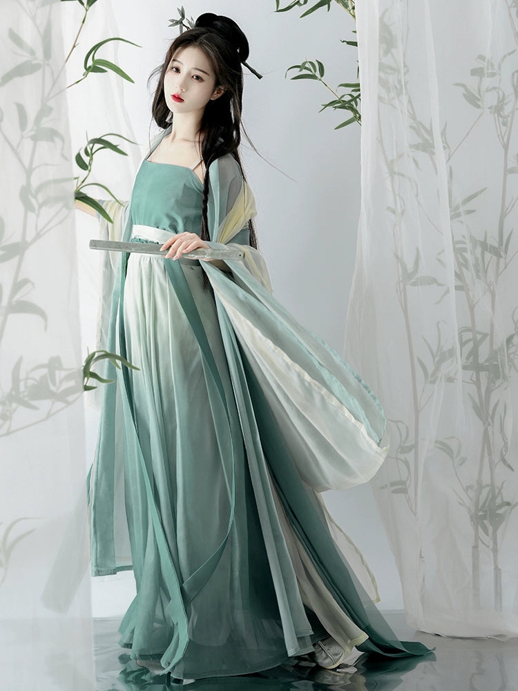 オリジナルの漢服女性用アンサンブル: 宋の時代をイメージした長袖チュニック、プリーツ スカートとサスペンダー付きで、夏の日常を優雅に演出します。
