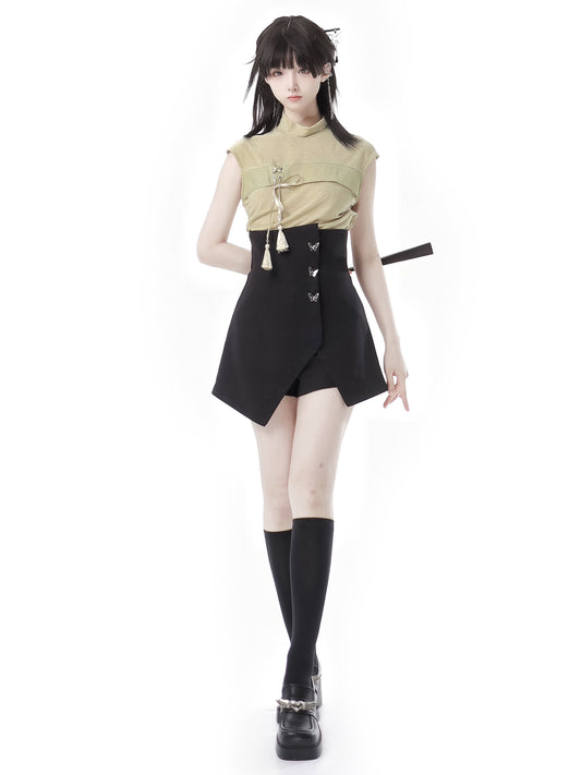 New Chinese Style Mix Slim Skirt Leaf Suit