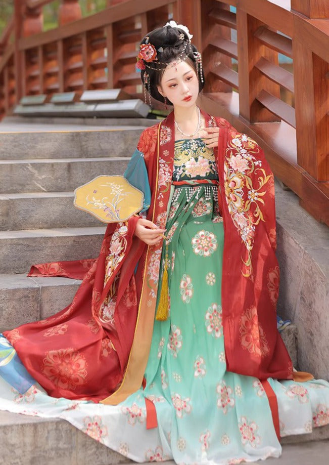 唐時代にインスピレーションを得た漢服3点セット:女性用復元漢服、屈雄と和子スカート付き - 絶妙な刺繍、特大袖、新発売
