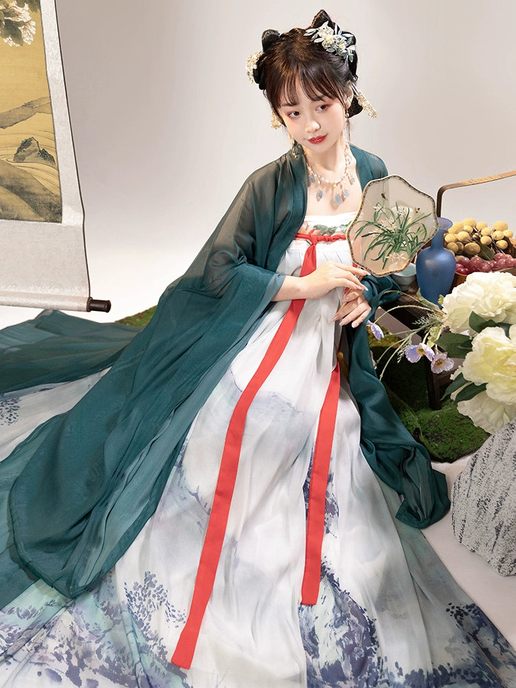Tang Dynasty Original Hanfu women Green long sleeve shirt and chest skirt