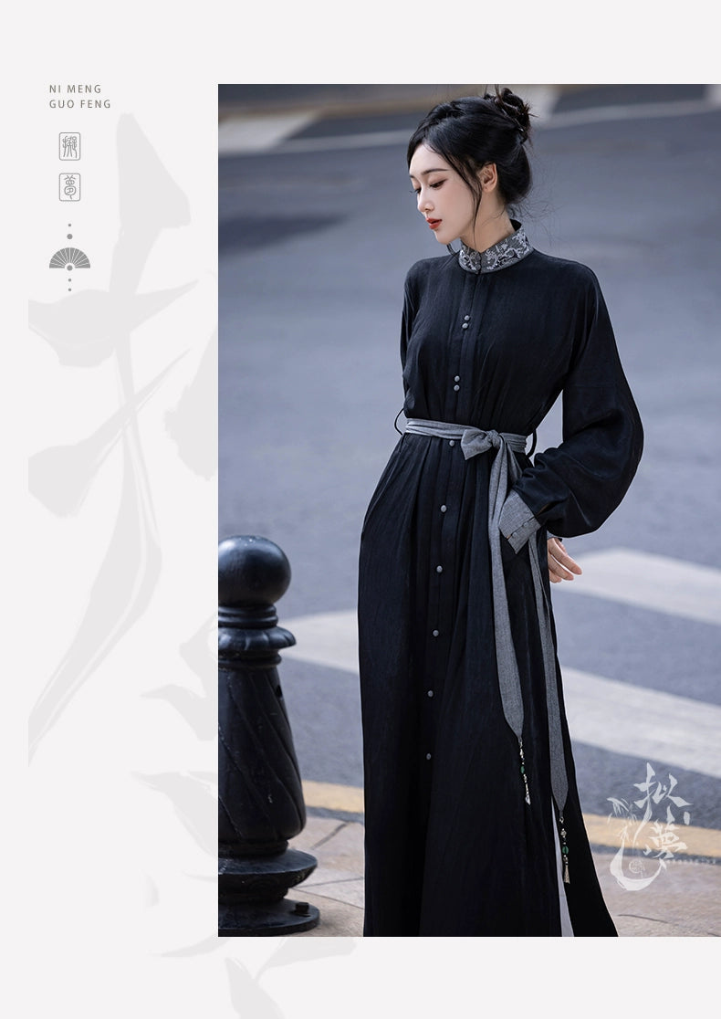 オリジナルの洗練された漢服アンサンブル:春夏のシックな毎日のためのマンダリンカラーのロングシャツドレス