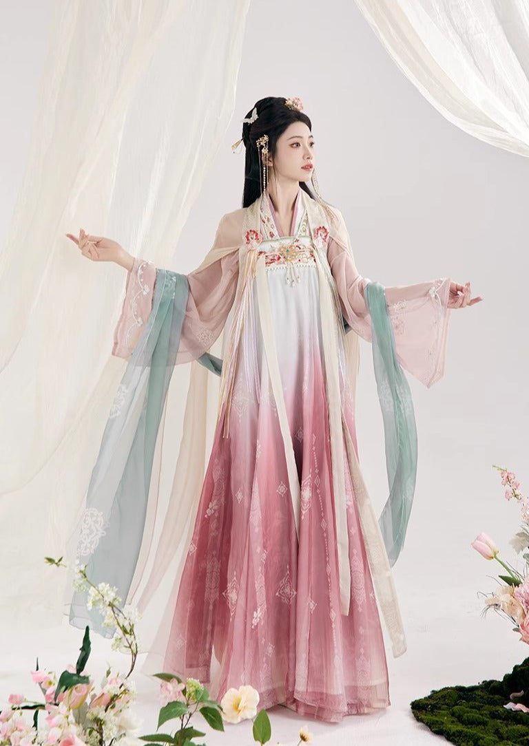 オリジナル漢服 4 点: 刺繍 Qixiong シャーリング スカート アンサンブル、マント付き、春と夏に向けて漢の要素を活性化します。