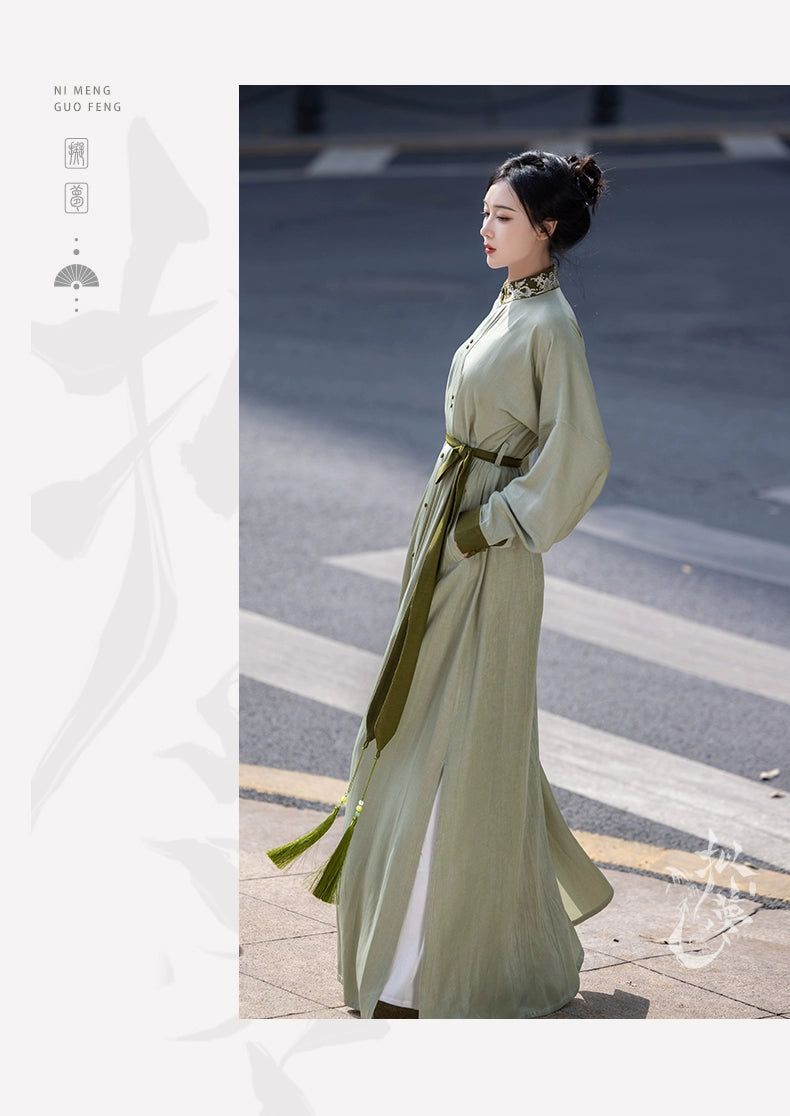 オリジナルの洗練された漢服アンサンブル:春夏のシックな毎日のためのマンダリンカラーのロングシャツドレス